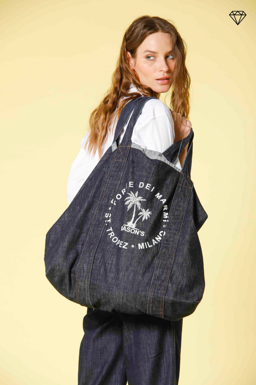 immagine 1 di borsa unisex in denim con stampa bianca modello mason's bag colore blu navy di mason's