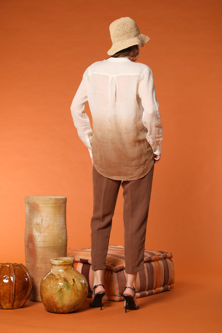 Delhi women's long-sleeve shirt in ramie with a Mandarin collar