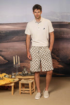 Khinos M74 Herren-Chino-Bermuda aus elastischer Baumwoll-Seiden-Gabardine mit Damier-Muster Relaxed Fit