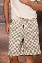 Khinos M74 Herren-Chino-Bermuda aus elastischer Baumwoll-Seiden-Gabardine mit Damier-Muster Relaxed Fit