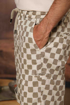 Khinos M74 Herren-Chino-Bermuda aus elastischer Baumwoll-Seiden-Gabardine mit Damier-Muster Relaxed Fit