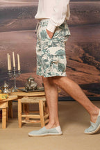 Cargo M74 Herren-Cargo-Bermuda aus Baumwolle mit Hawaii-Print in Tiffany-Farbe Relaxed Fit