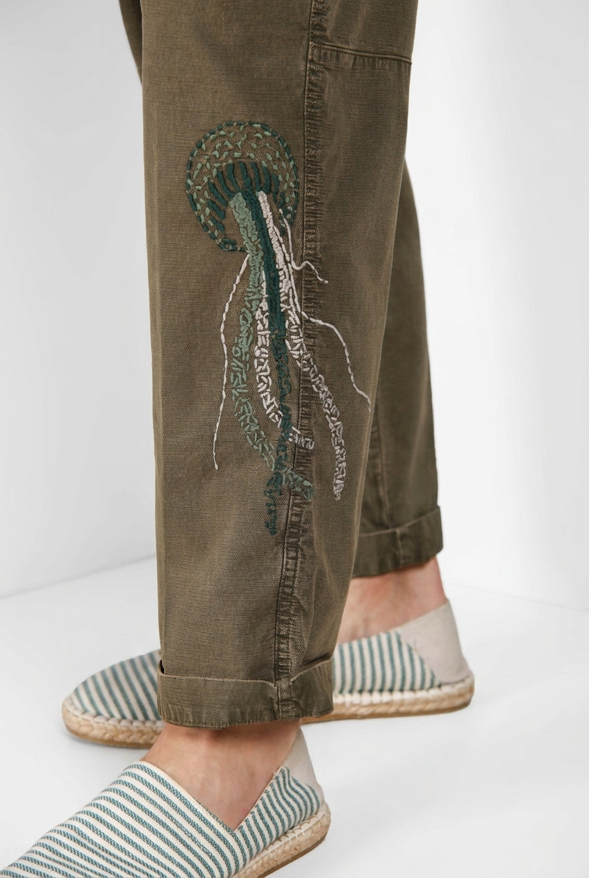Dettaglio pantalone cargo uomo Chile M74 Mason's verde in panama fiammata SS26