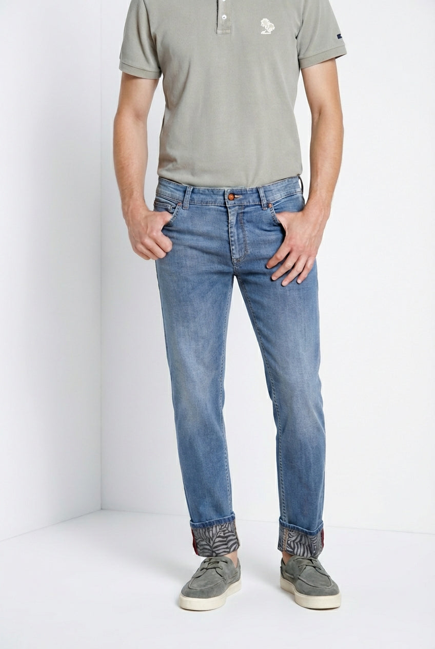 Harris men's 5-pocket denim pants with leaf print regular fit