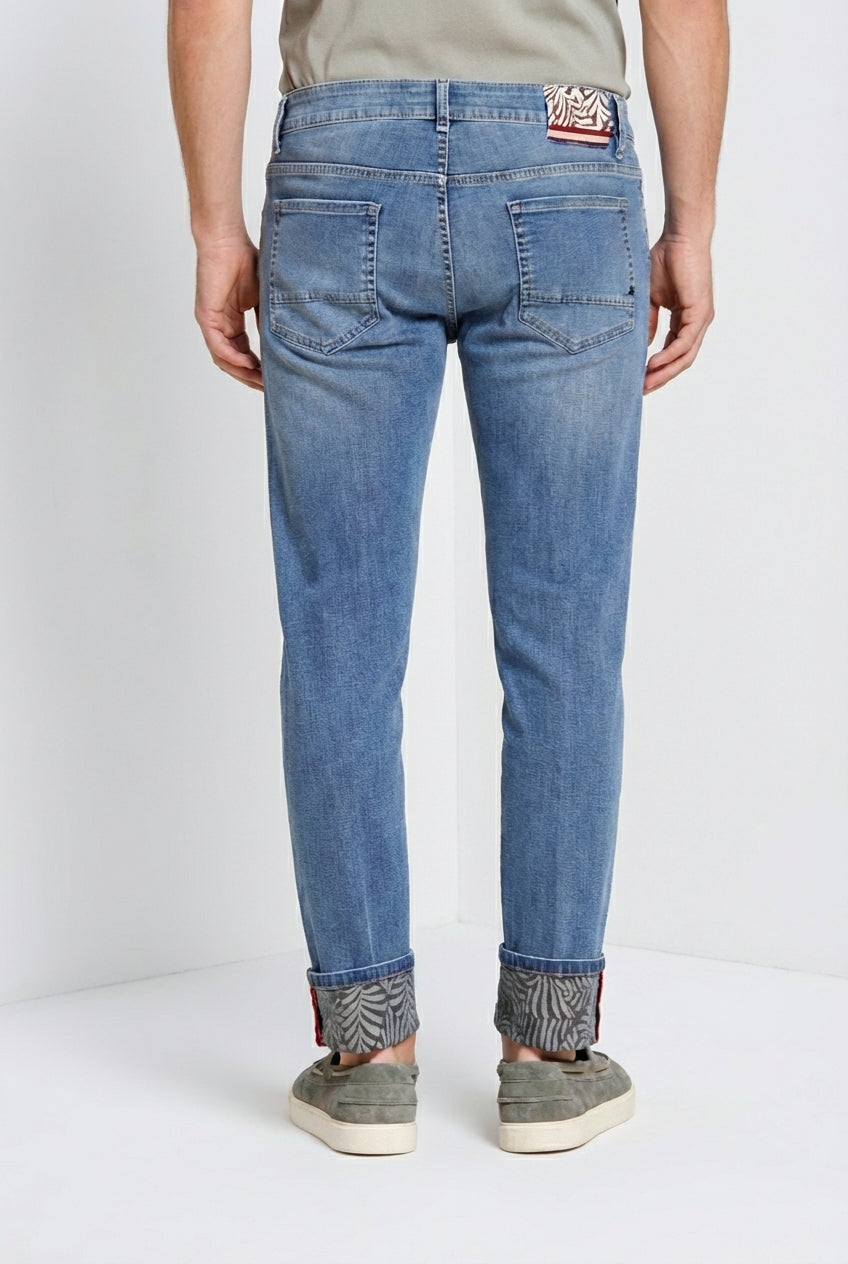 Harris men's 5-pocket denim pants with leaf print regular fit