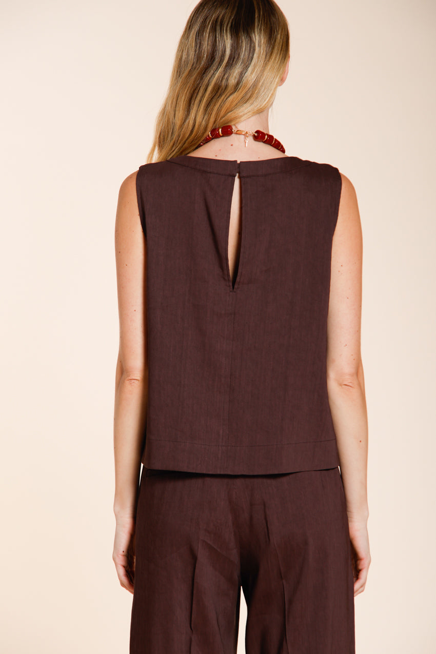 Nhabi camicia donna smanicata in tela misto lino e viscosa