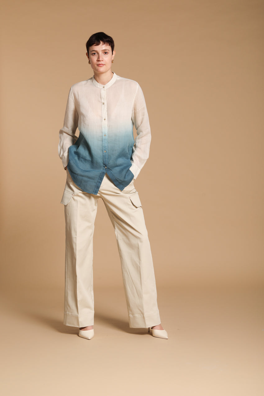 Delhi Damenbluse mit langen Ärmeln aus Ramie mit koreanischem Kragen