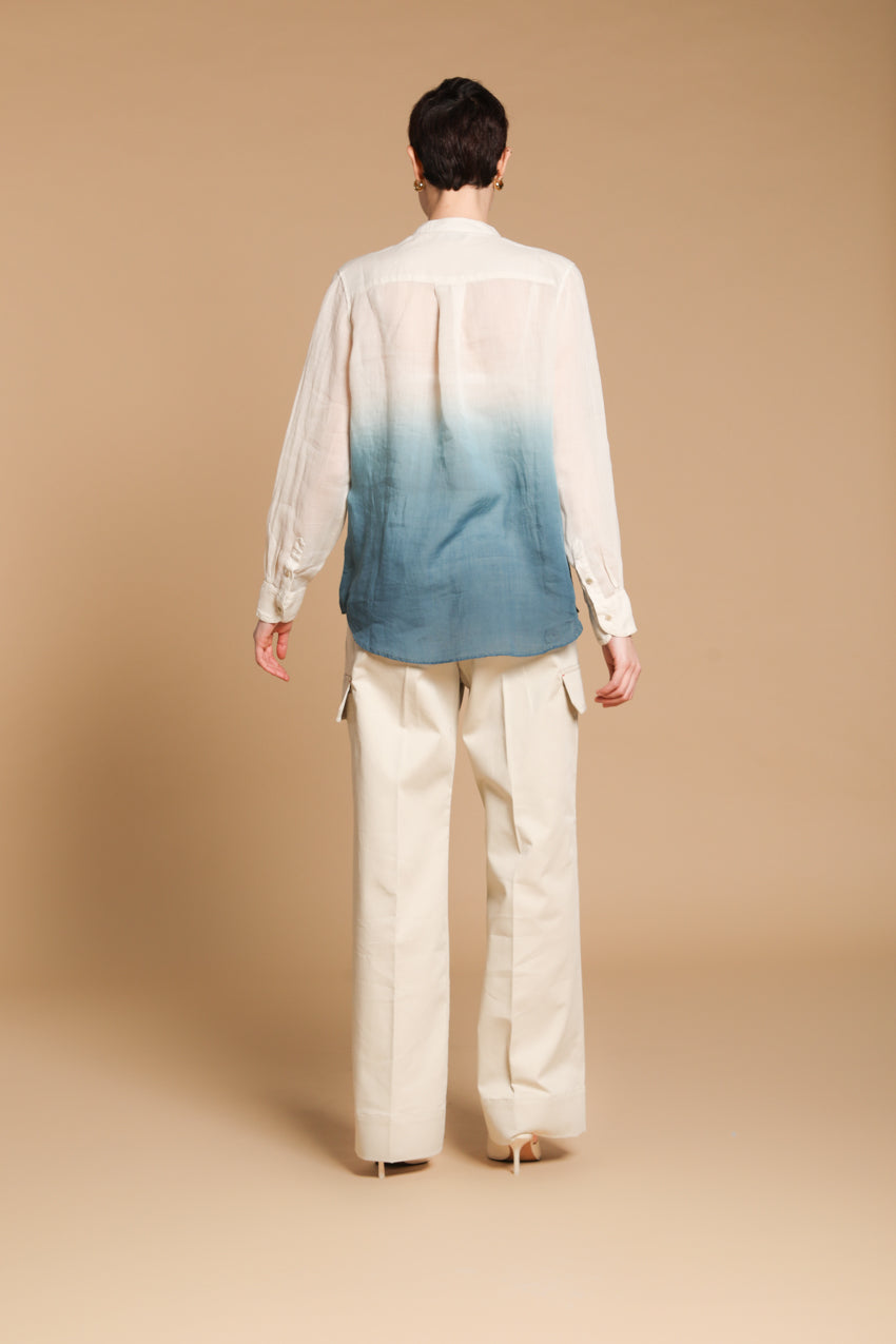 Delhi Damenbluse mit langen Ärmeln aus Ramie mit koreanischem Kragen