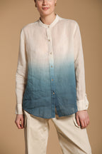 Delhi Damenbluse mit langen Ärmeln aus Ramie mit koreanischem Kragen