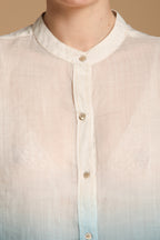 Delhi Damenbluse mit langen Ärmeln aus Ramie mit koreanischem Kragen