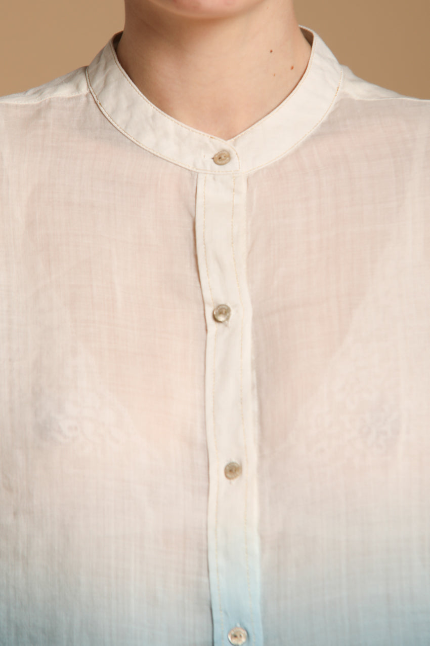 Delhi Damenbluse mit langen Ärmeln aus Ramie mit koreanischem Kragen