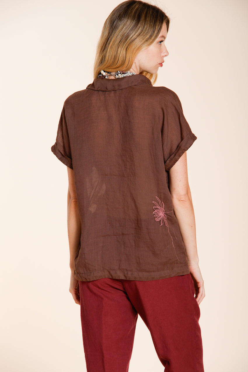 Livia women's shirt short sleeve in ramie flower embroidery