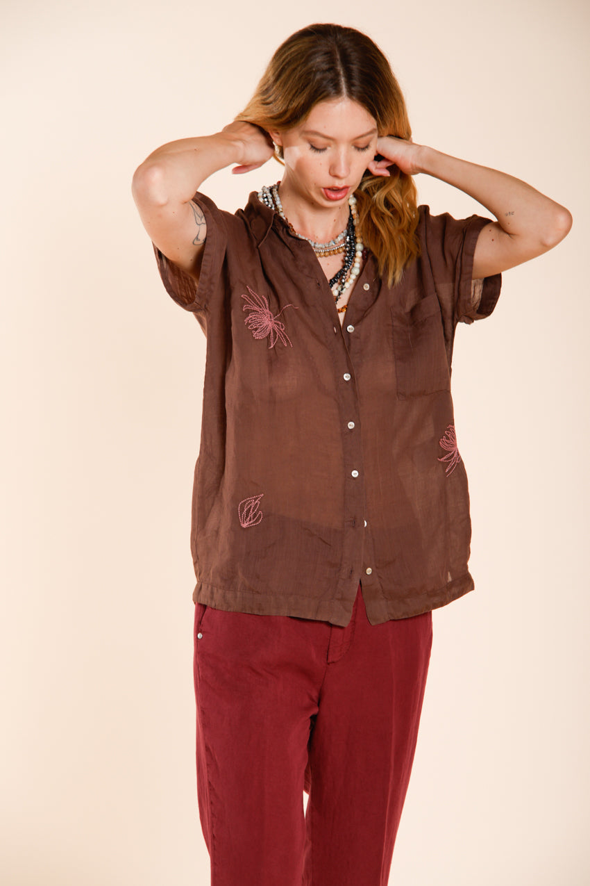 Livia camicia donna a manica corta in ramié ricamo fiori