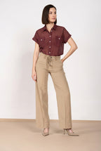New York Studio pantalón chino mujer en twill de algodón y lino straight fit