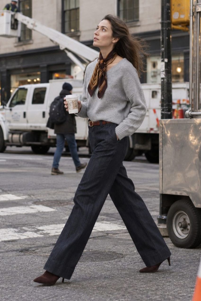 New York Wide women’s 5-pocket chino trousers in stretch denim, wide leg