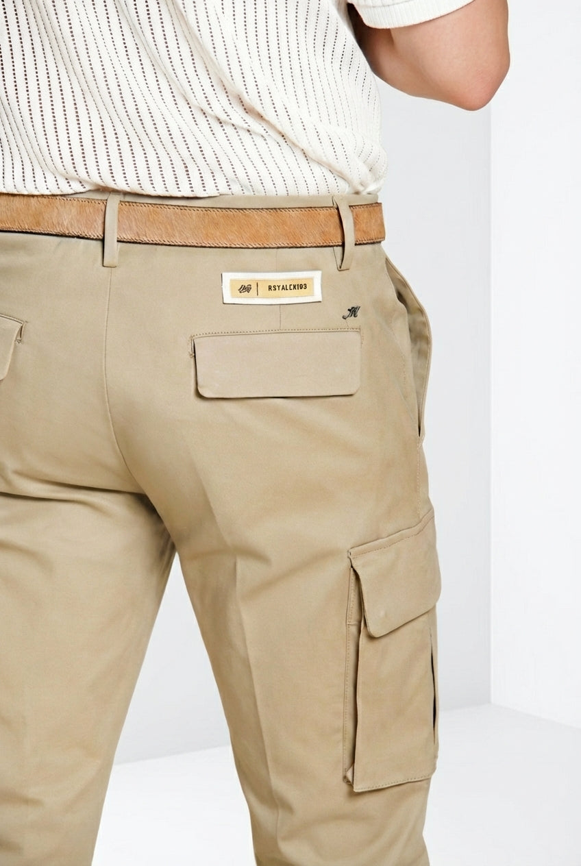 Dettaglio vita e tasche cargo pantalone cargo uomo Chile Royal Mason's gabardina tinto pezza kaki in gabardina SS26