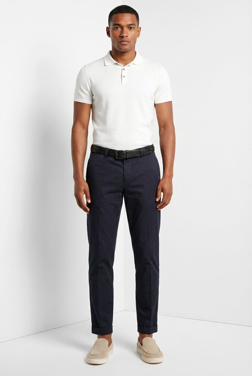 Dettaglio vita pantalone chino uomo Milano Mason's blu notte in gabardina stretch SS26