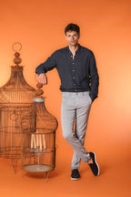  Torino Herren-Chinohose aus Baumwoll-Leinen-Twill mit blauen Garnen Slim Fit