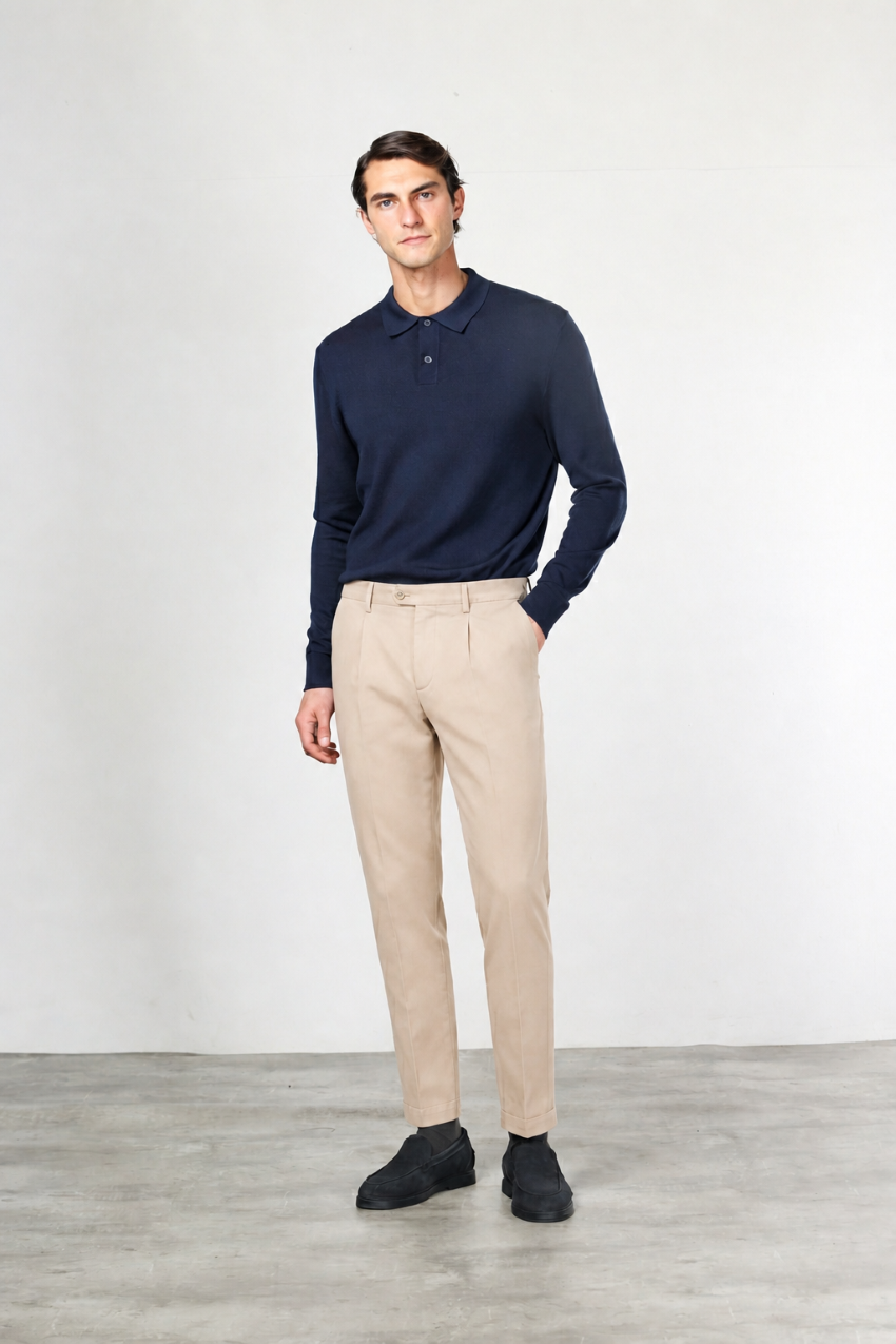 Torino 1 Pinces Flex pantalone chino uomo in twill di cotone e cashmere slim fit