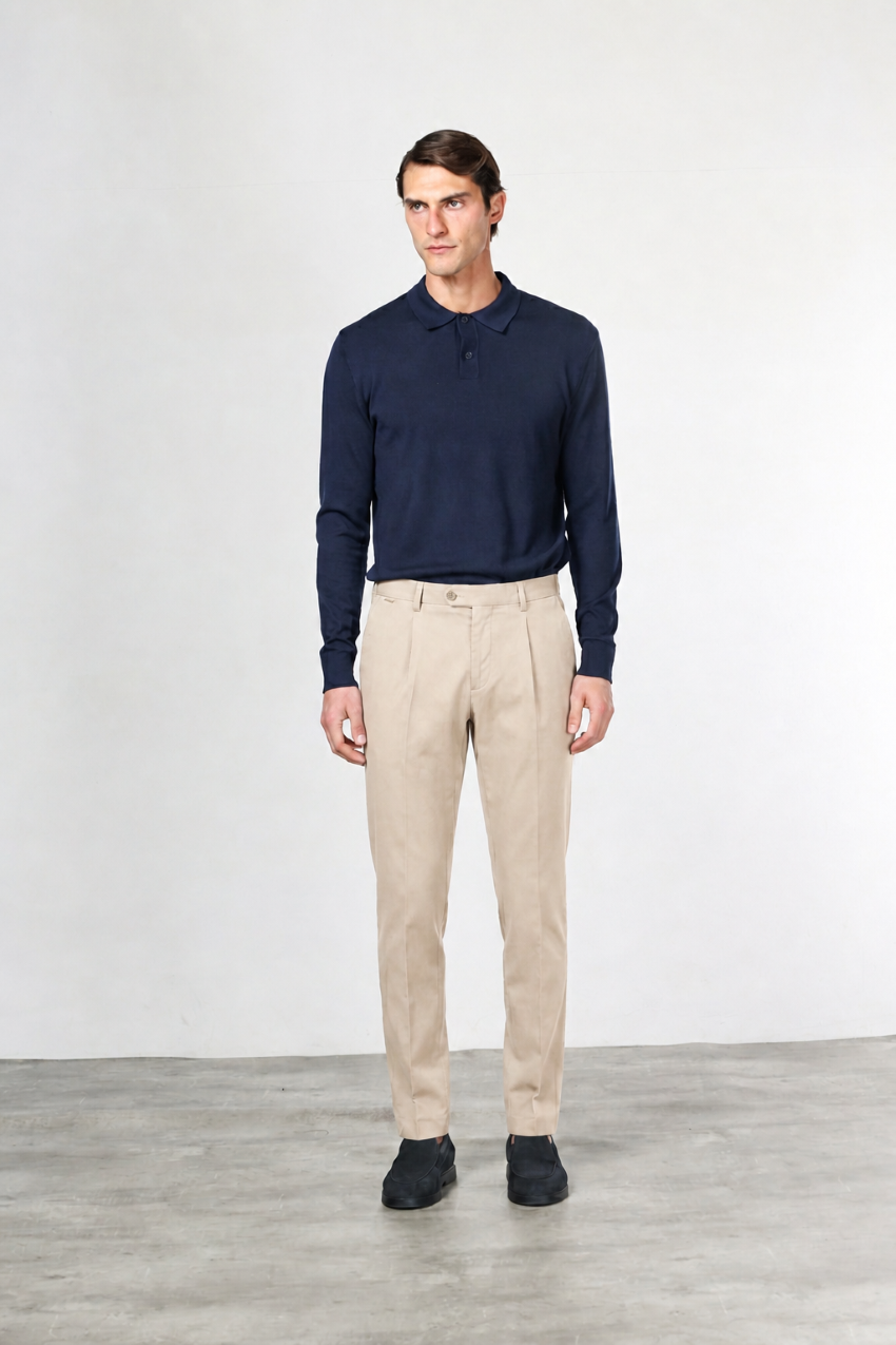 Torino 1 Pinces Flex pantalone chino uomo in twill di cotone e cashmere slim fit