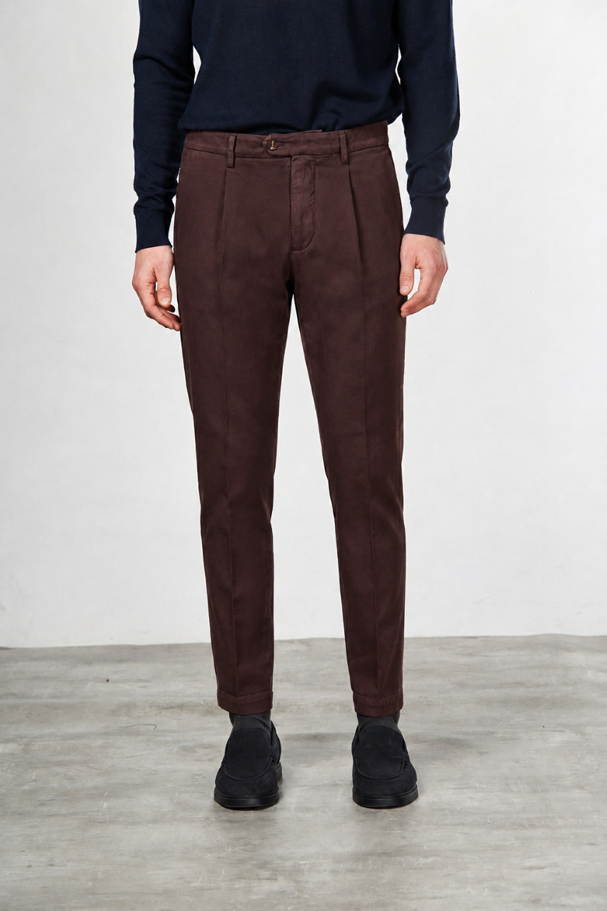 Torino 1 Pinces Flex pantalone chino uomo in twill di cotone e cashmere slim fit