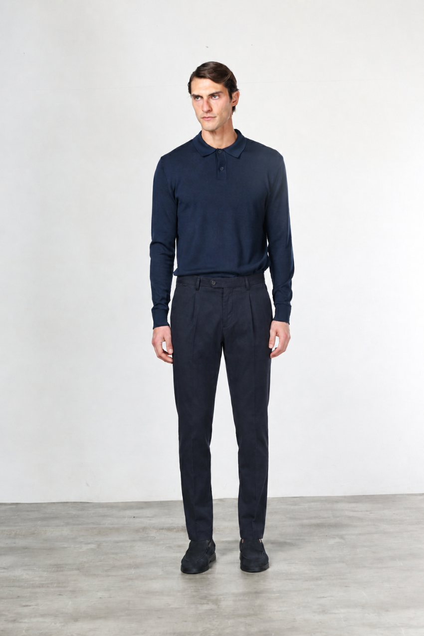 Torino 1 Pinces Flex pantalone chino uomo in twill di cotone e cashmere slim fit
