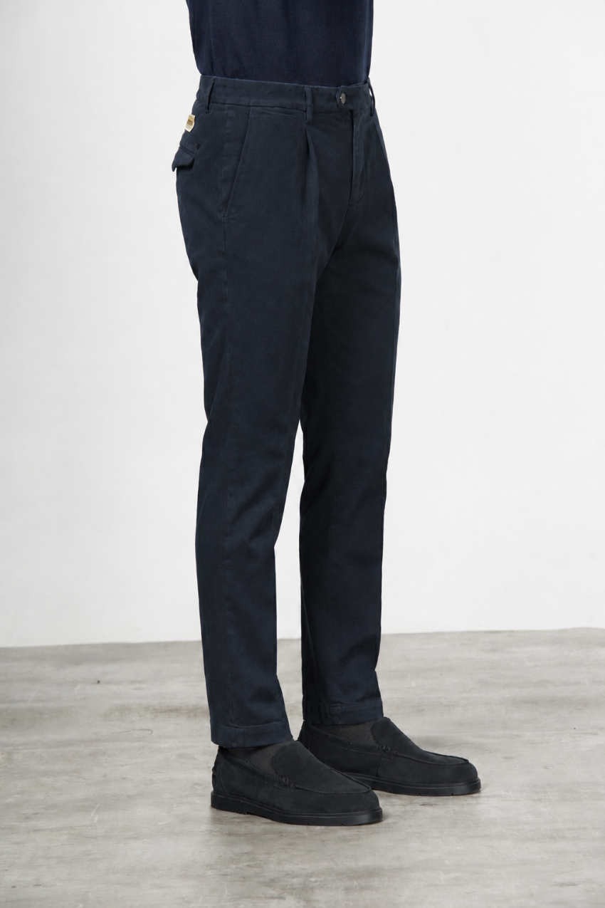 Torino 1 Pinces Flex pantalone chino uomo in twill di cotone e cashmere slim fit