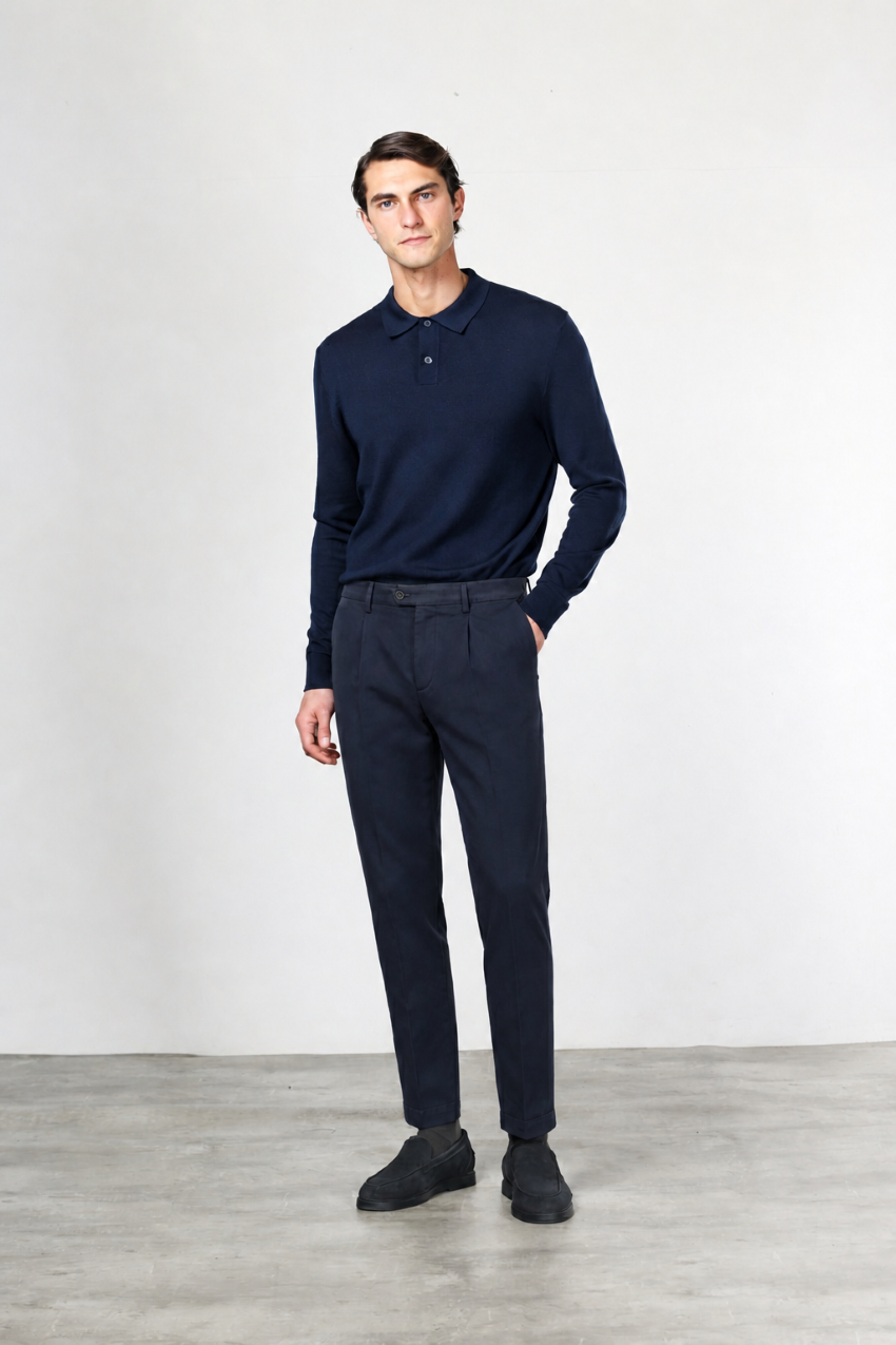 Torino 1 Pinces Flex pantalone chino uomo in twill di cotone e cashmere slim fit