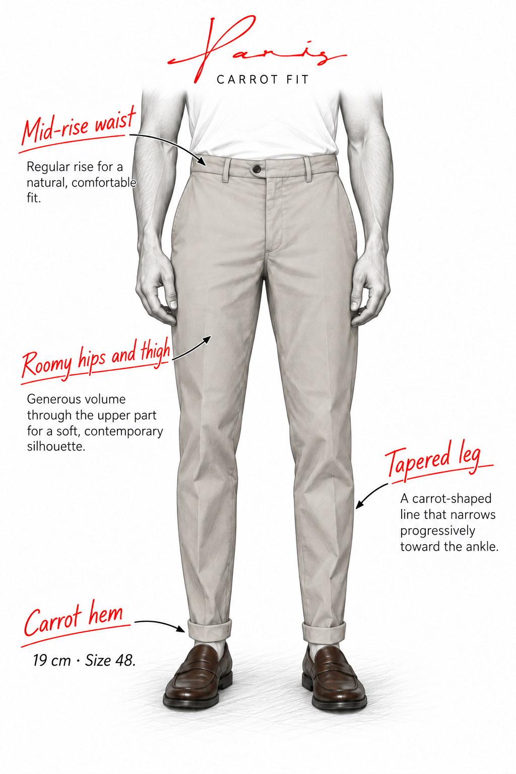 Paris men’s chino pants in cotton and wool gabardine with carrot fit