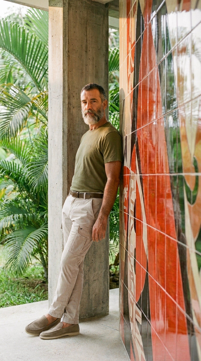 Pantalone cargo uomo Chile Mason's beige chiaro in raso stretch slim fit, vista frontale su modello SS26