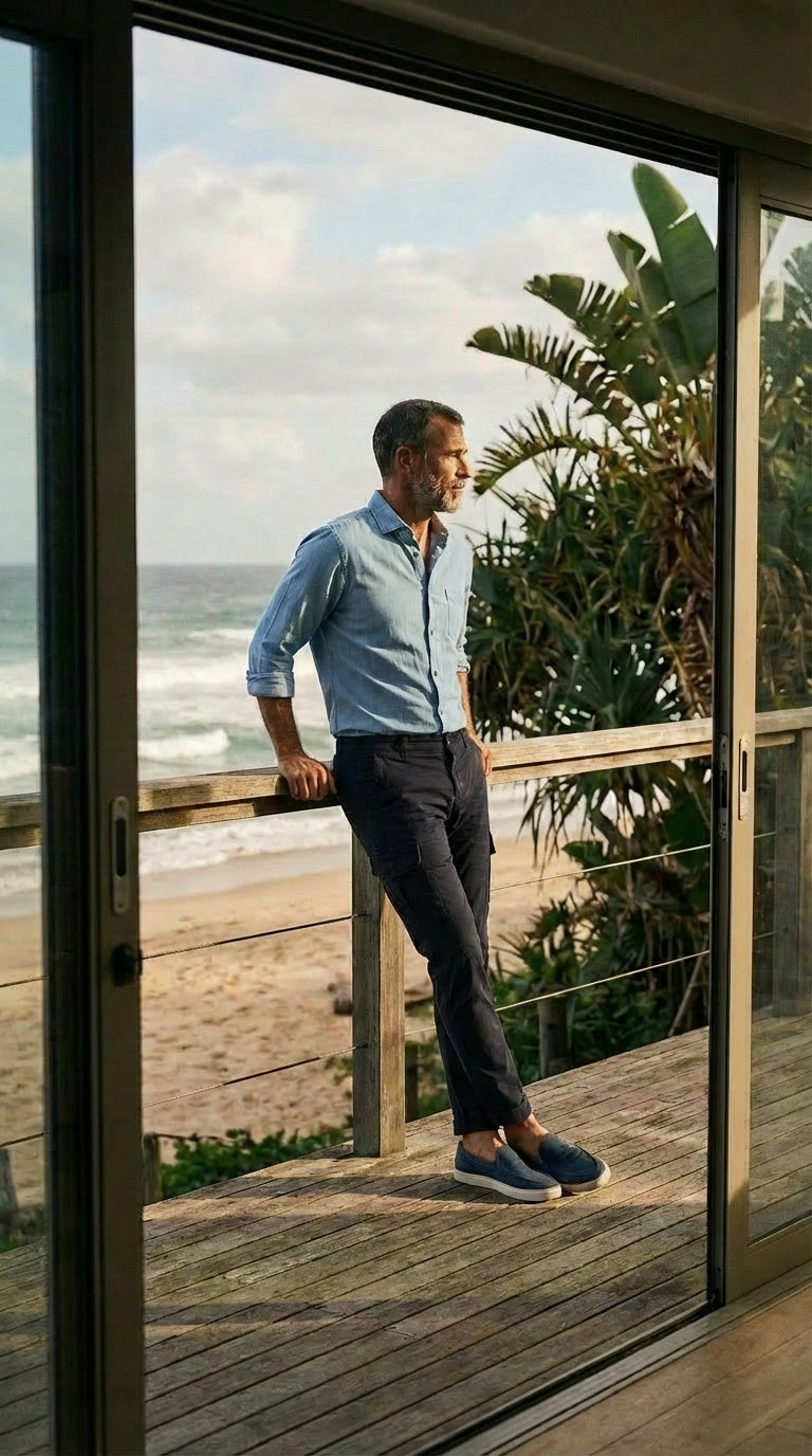 Pantalone cargo uomo Chile Mason's blu notte in raso stretch slim fit, vista frontale su modello SS26