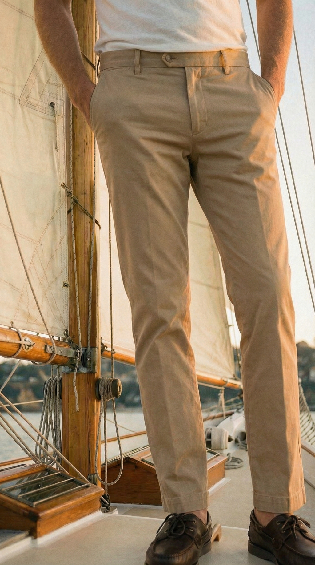 Pantalone chino uomo New York Mason's beige medio in gabardina stretch regular fit, vista frontale su modello SS26